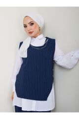KADIN  KOLYE DETAY GÖMLEK YAKA ÇİZGİLİ ÜÇLÜ YELEKLİ TAKIM Lacivert - 2XL