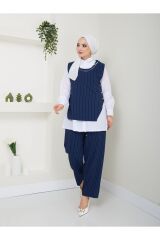 KADIN  KOLYE DETAY GÖMLEK YAKA ÇİZGİLİ ÜÇLÜ YELEKLİ TAKIM Lacivert - S