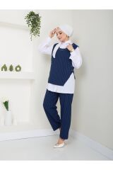 KADIN  KOLYE DETAY GÖMLEK YAKA ÇİZGİLİ ÜÇLÜ YELEKLİ TAKIM Lacivert - XL