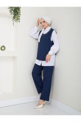 KADIN  KOLYE DETAY GÖMLEK YAKA ÇİZGİLİ ÜÇLÜ YELEKLİ TAKIM Lacivert - XL
