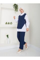KADIN  KOLYE DETAY GÖMLEK YAKA ÇİZGİLİ ÜÇLÜ YELEKLİ TAKIM Lacivert - XL