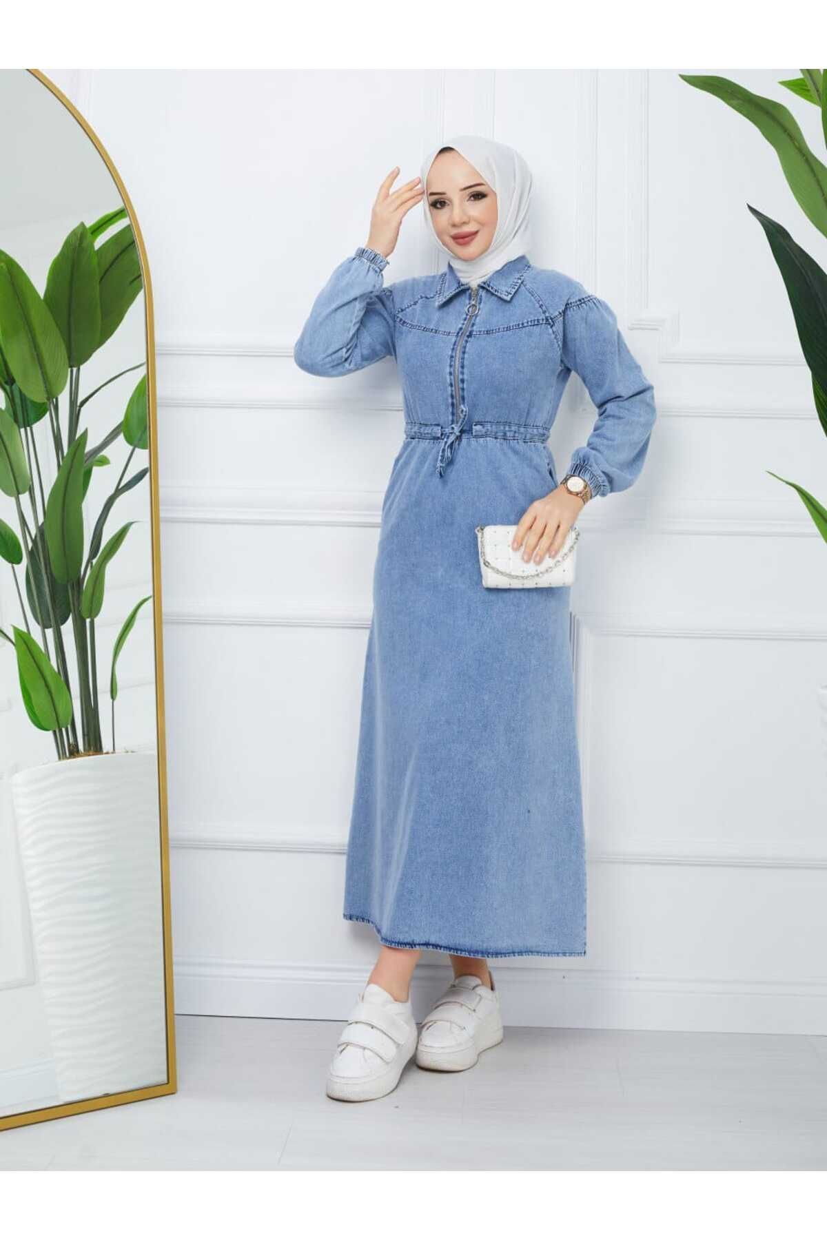 Kadın Tesettür Kot Elbise Mavi - 44