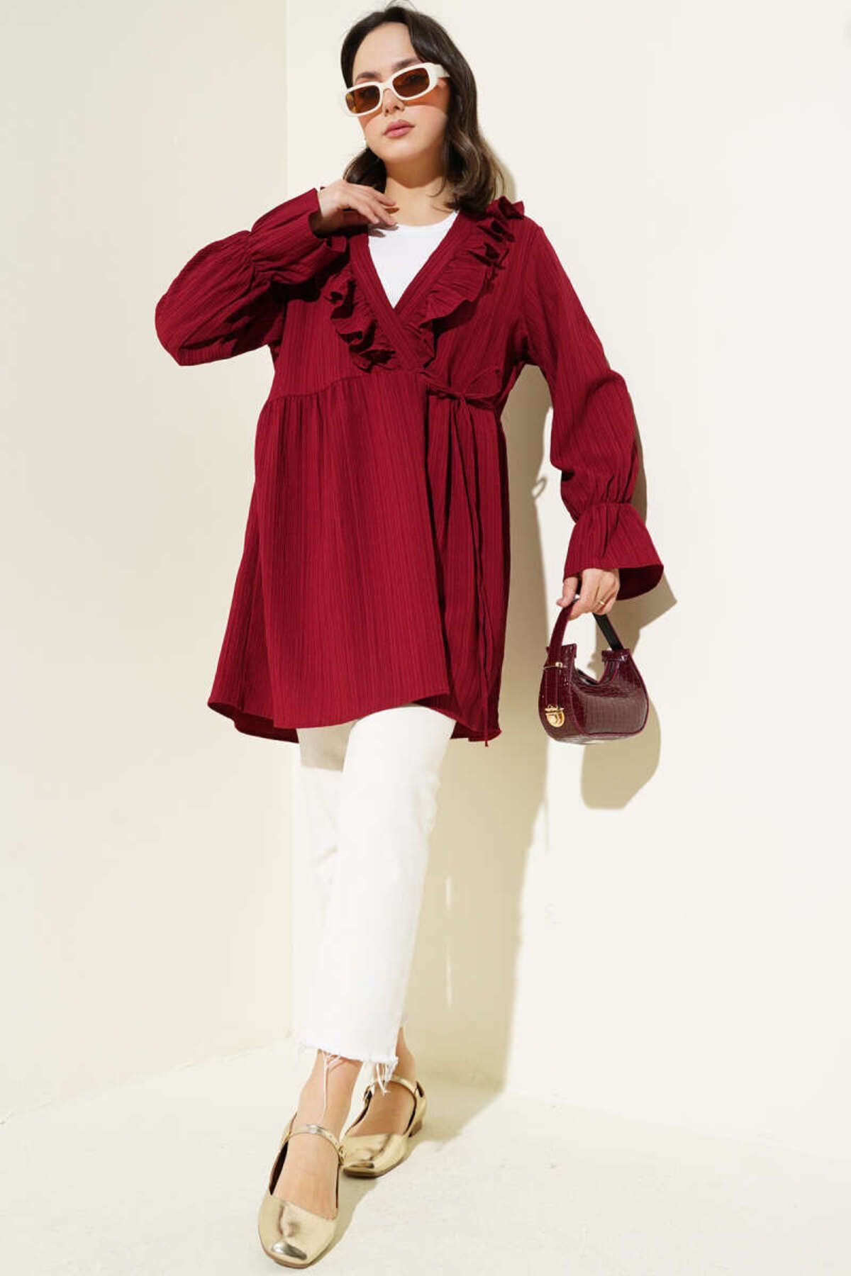 Kadın Fırfırlı Bağlamalı Kimono Bordo - L/XL