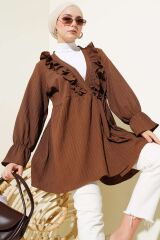 Kadın Fırfırlı Bağlamalı Kimono Kahverengi - L/XL