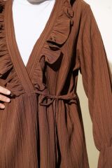 Kadın Fırfırlı Bağlamalı Kimono Kahverengi - L/XL