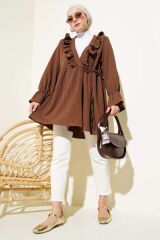 Kadın Fırfırlı Bağlamalı Kimono Kahverengi - S/M