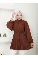 Kadın Önü Düğmeli Piliseli Prenses Kol Tesettür Tunik Kahverengi - XL