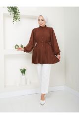Kadın Önü Düğmeli Piliseli Prenses Kol Tesettür Tunik Kahverengi - 2XL