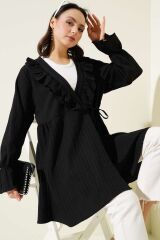 Kadın Fırfırlı Bağlamalı Kimono Siyah - L/XL