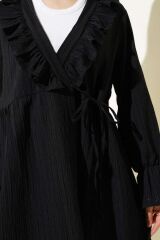 Kadın Fırfırlı Bağlamalı Kimono Siyah - L/XL