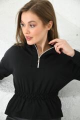 Kadın Fermuarlı Beli Büzgülü Bluz Siyah - XL