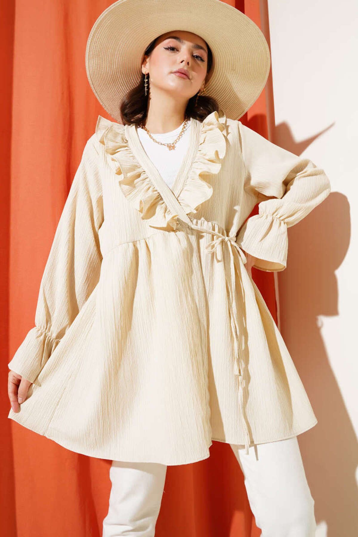 Kadın Fırfırlı Bağlamalı Kimono Bej - L/XL