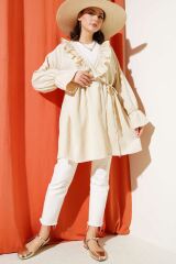 Kadın Fırfırlı Bağlamalı Kimono Bej - S/M