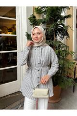 Kadın Çizgili Bel Bağlamalı Gömlek Gri - L