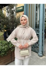 Kadın Çizgili Bel Bağlamalı Gömlek Bej - S