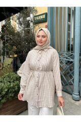 Kadın Çizgili Bel Bağlamalı Gömlek Bej - M