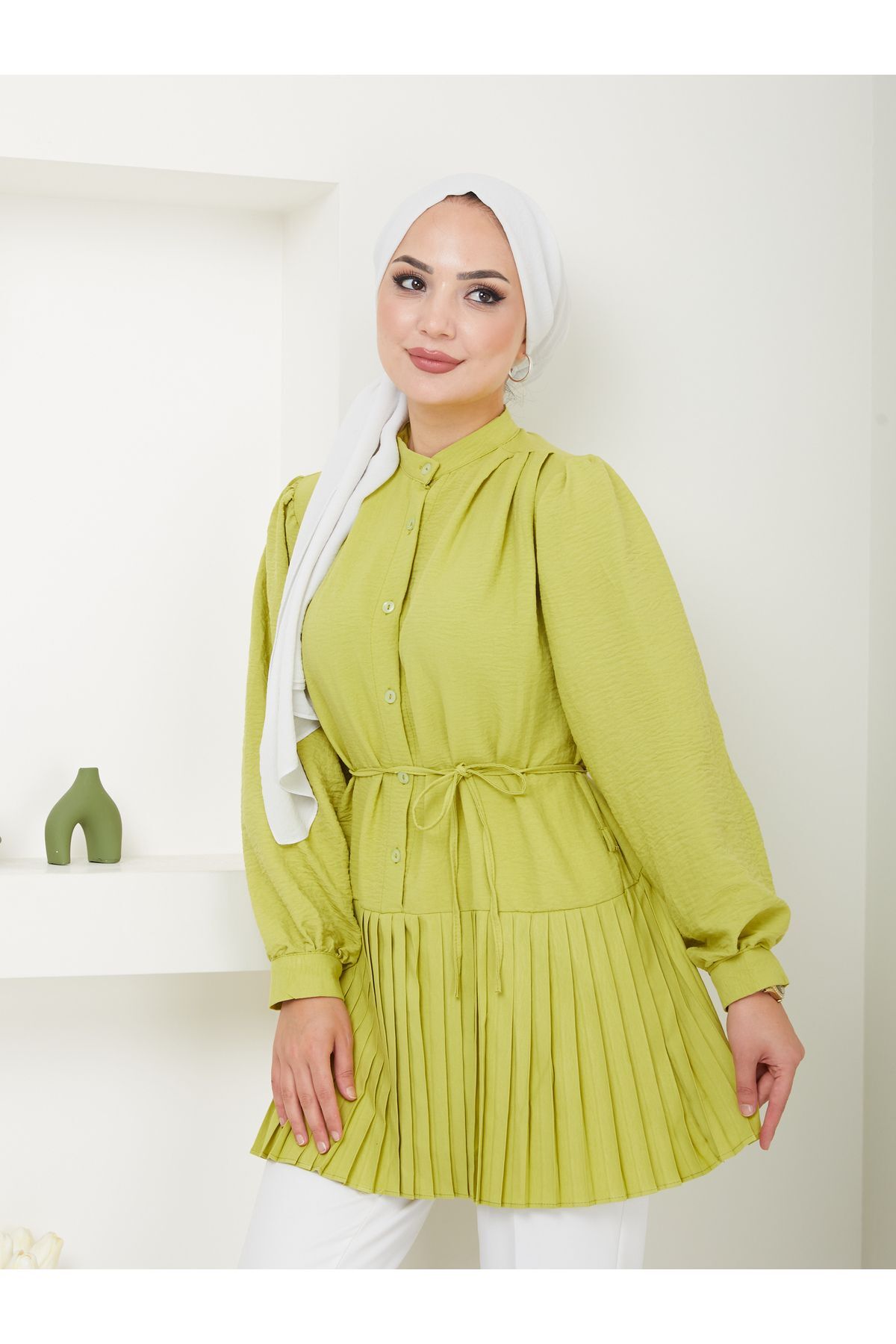 Kadın Önü Düğmeli Piliseli Prenses Kol Tesettür Tunik YAĞ YEŞİLİ - 2XL