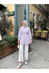 Kadın Çizgili Bel Bağlamalı Gömlek Mor - XL