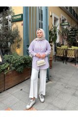 Kadın Çizgili Bel Bağlamalı Gömlek Mor - M