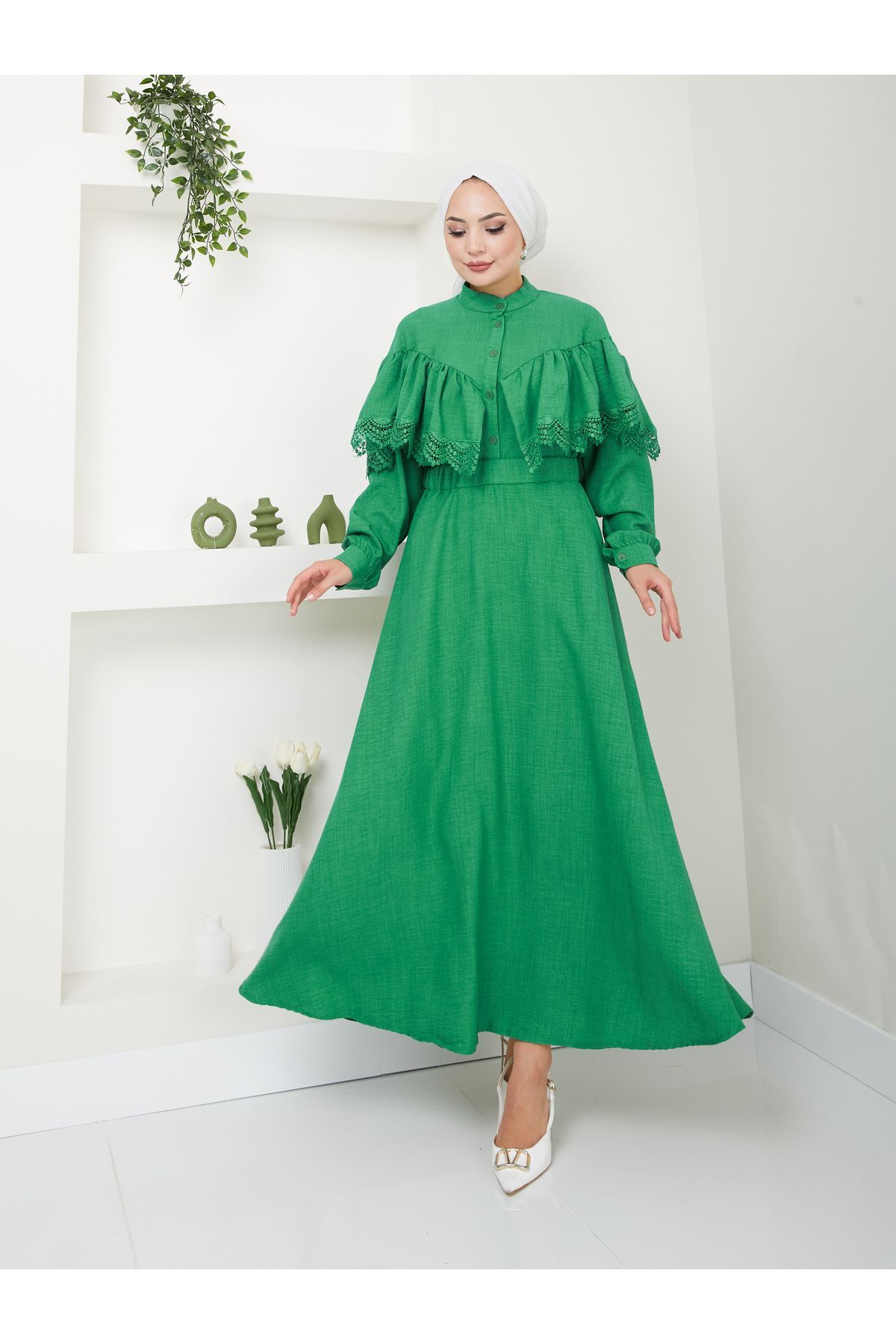 Kadın Dantel Detaylı Etekli Takım Yeşil - L/XL