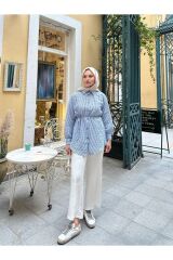 Kadın Çizgili Bel Bağlamalı Gömlek Mavi - S