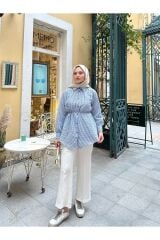 Kadın Çizgili Bel Bağlamalı Gömlek Mavi - XL