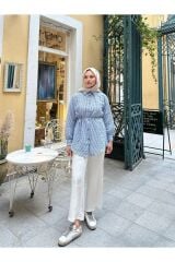 Kadın Çizgili Bel Bağlamalı Gömlek Mavi - M