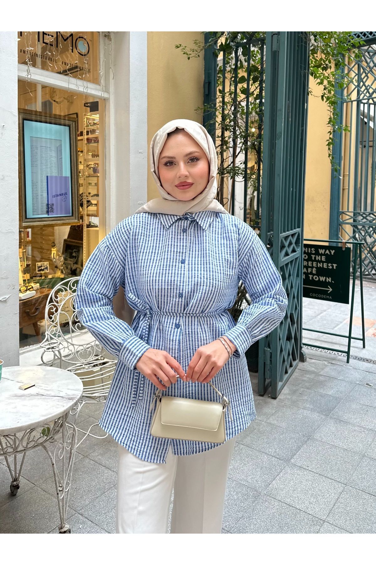 Kadın Çizgili Bel Bağlamalı Gömlek Mavi - L