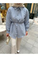 Kadın Çizgili Bel Bağlamalı Gömlek Mavi - L