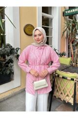 Kadın Çizgili Bel Bağlamalı Gömlek Pembe - 2XL