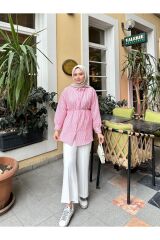 Kadın Çizgili Bel Bağlamalı Gömlek Pembe - 2XL