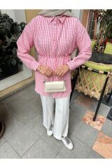 Kadın Çizgili Bel Bağlamalı Gömlek Pembe - XL