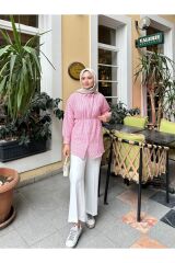 Kadın Çizgili Bel Bağlamalı Gömlek Pembe - S