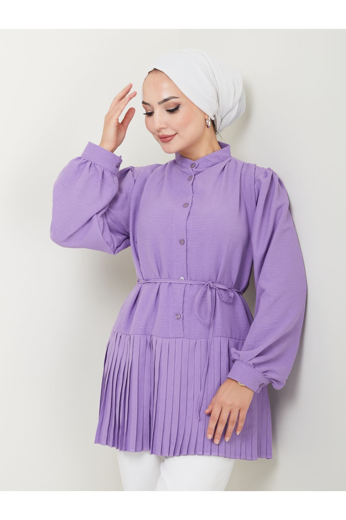 Kadın Önü Düğmeli Piliseli Prenses Kol Tesettür Tunik Mor - 2XL