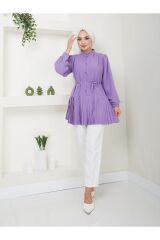 Kadın Önü Düğmeli Piliseli Prenses Kol Tesettür Tunik Mor - 2XL