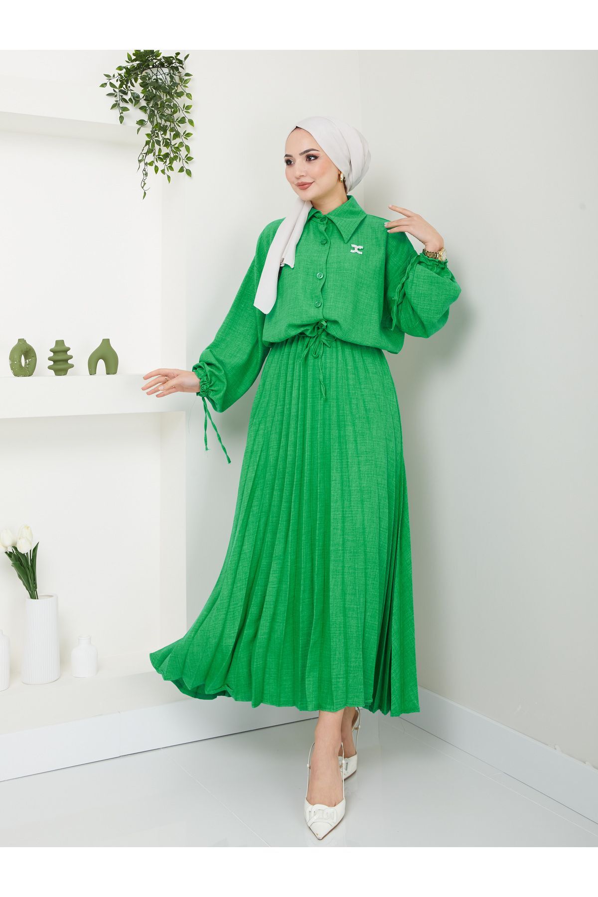 Kadın Gömlekli Piliseli Etekli  Takım Yeşil - L/XL
