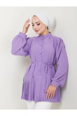 Kadın Önü Düğmeli Piliseli Prenses Kol Tesettür Tunik Mor - XL