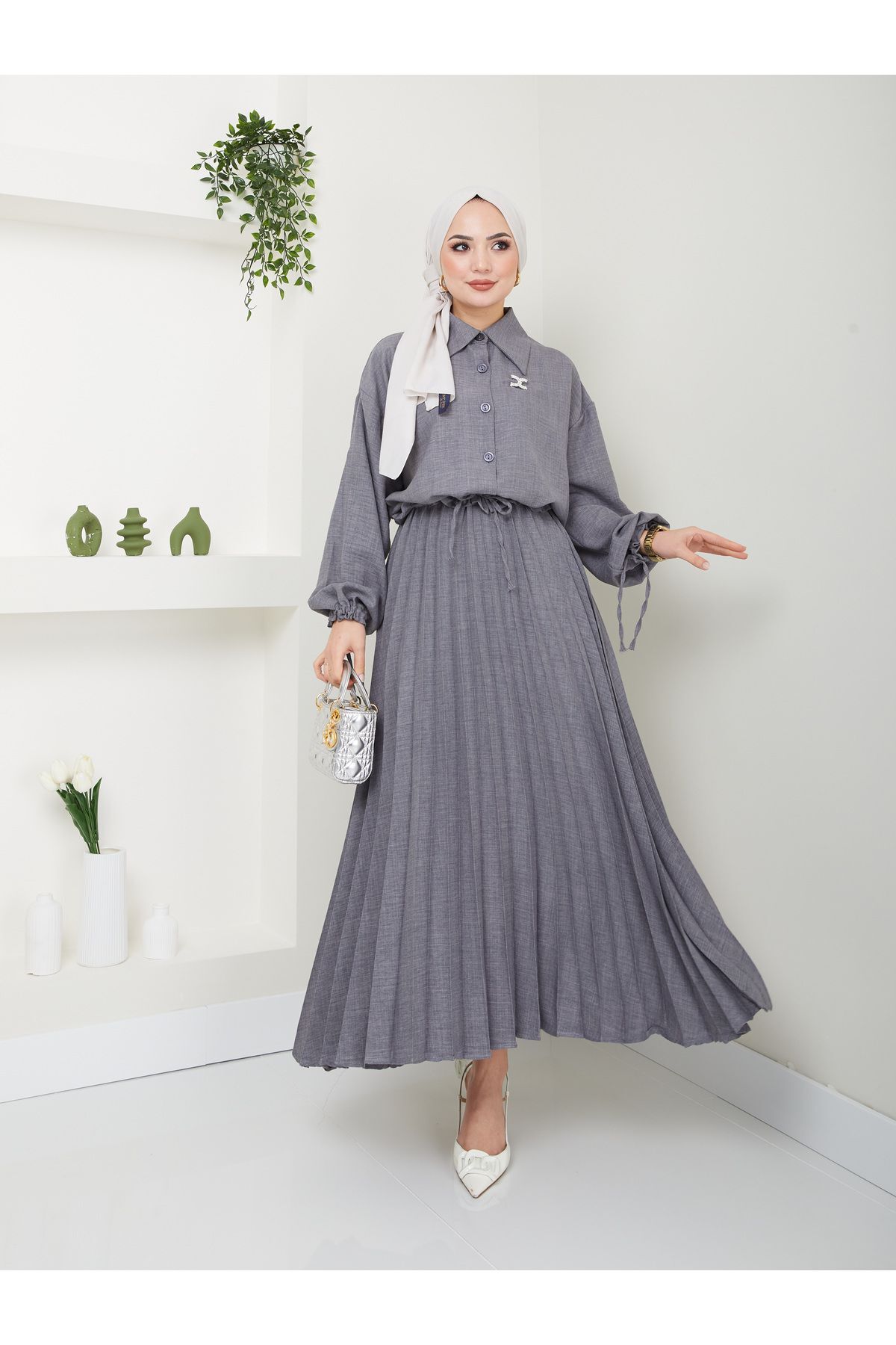 Kadın Gömlekli Piliseli Etekli  Takım Gri - L/XL