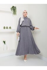 Kadın Gömlekli Piliseli Etekli  Takım Gri - L/XL