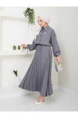 Kadın Gömlekli Piliseli Etekli  Takım Gri - L/XL