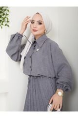 Kadın Gömlekli Piliseli Etekli  Takım Gri - L/XL