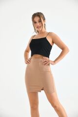 Kadın Yırmaçlı Mini Etek Bej - XL