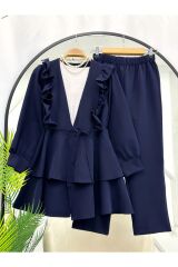 Kadın Nilüfer Fırfırlı Klasik İkili Takım Lacivert - 2XL