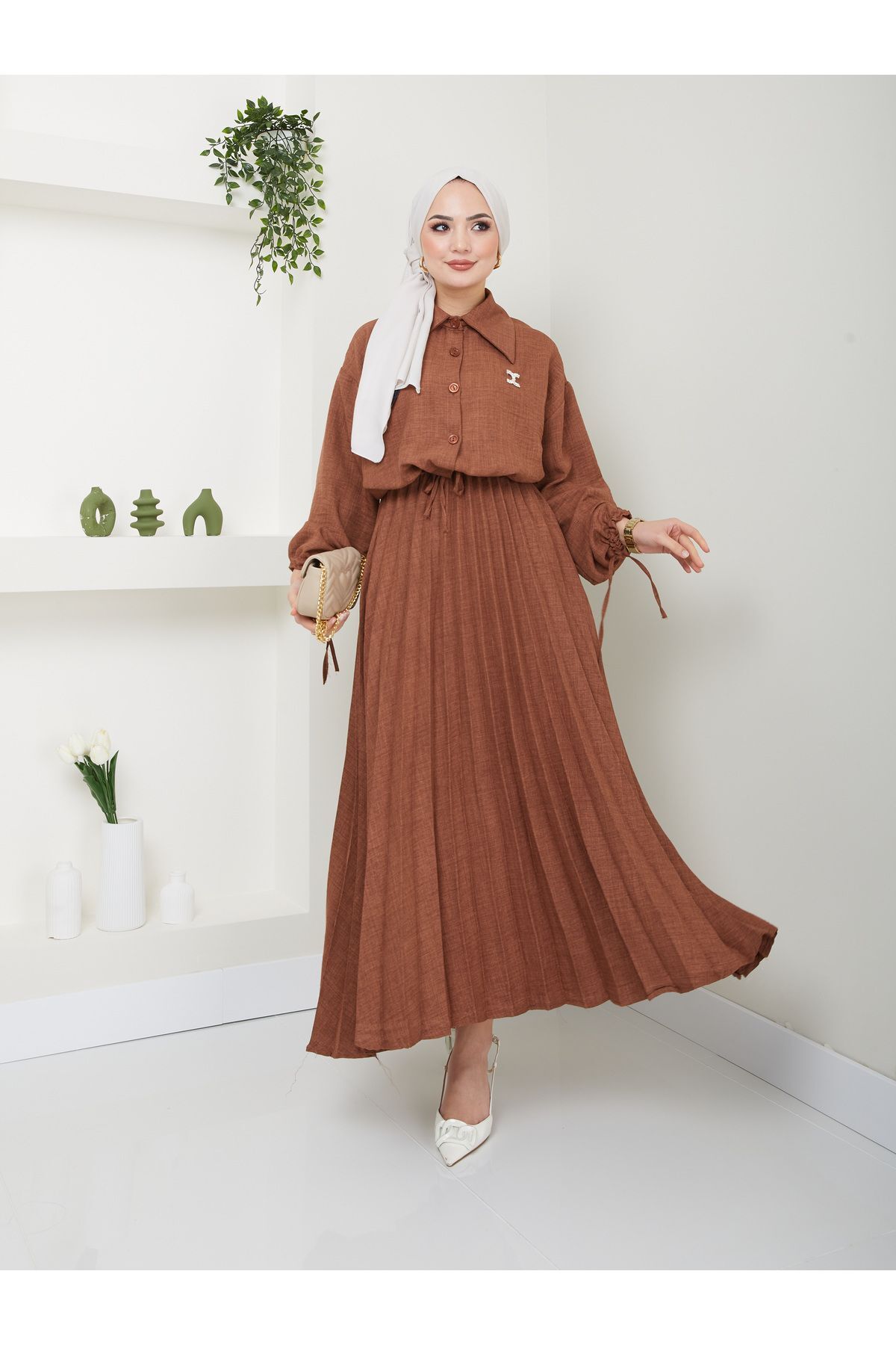 Kadın Gömlekli Piliseli Etekli  Takım Kahverengi - L/XL
