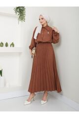 Kadın Gömlekli Piliseli Etekli  Takım Kahverengi - L/XL