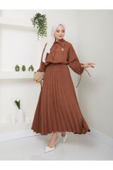 Kadın Gömlekli Piliseli Etekli  Takım Kahverengi - L/XL