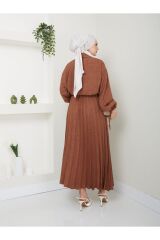 Kadın Gömlekli Piliseli Etekli  Takım Kahverengi - L/XL