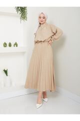 Kadın Gömlekli Piliseli Etekli  Takım Bej - L/XL