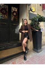 Kadın Leopar Desenli Astarlı Blazer Ceket Kahverengi - L