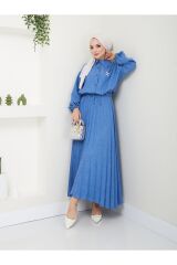 Kadın Gömlekli Piliseli Etekli  Takım Mavi - L/XL